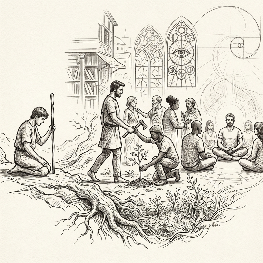 Timeline of human societal evolution with labeled eras from spiritual hermitage to social convergence