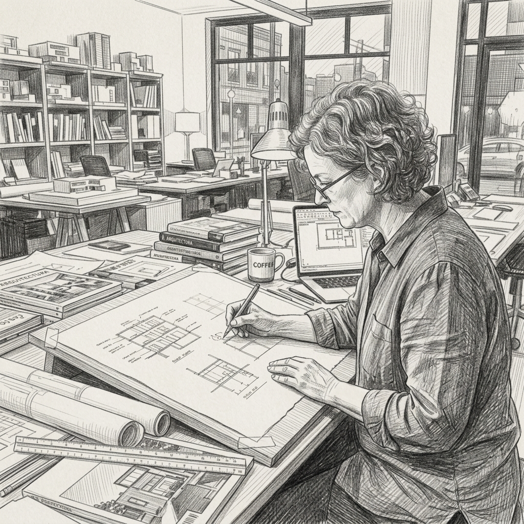 Architect drawing detailed building plans on paper at a desk with a laptop and architectural books